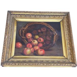 Stunning 19th-century Oil On Canvas Still Life Depicting A Basket Of Apples, Signed E. Van Hove, 76 Cm X 66