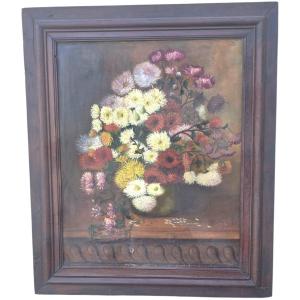 peinture à l'huile sur toile représentative du XIXe figurant une nature morte chrysanthèmes