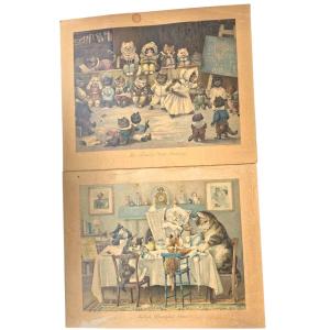 Paire d'estampes victoriennes ERNEST NISTER circa 1890 Illustrations Chats Lithographies d'époq