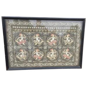 Tapisserie Birmane Kalaga XIXeme Siècle Format XXL Encadré Sous Verre 145 cm X 100 cm