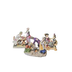 set Of 3 Polychrome Porcelain Figurines, Late 19th Century, Sèvres Style, Samson 