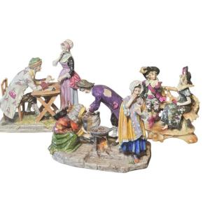  ​Lot de 3 Groupes en Porcelaine polychrome fin XIXe Style Sèvres  Samson ​ 