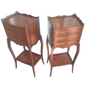 Paire de tables de chevet anciennes style Louis XV Marqueterie florale