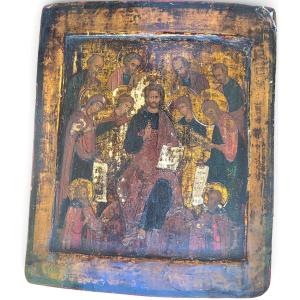 Antique Russian Icon On Wood Depicting Christ In Majesty And Saints, 36 X 26 Cm authentic