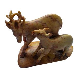 rare Carved Soapstone Sculpture Of A Doe And Fawn, China, Republic Period, Marked On The Bottom