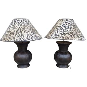 Pair Of Large Vintage Safari-style Ceramic Table Lamps. Ceramic Bases And Lampshades