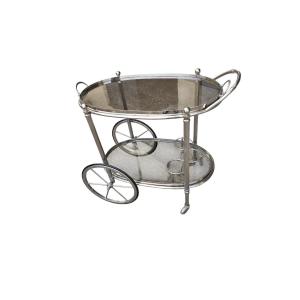 Maison Baguès Oval Bar Tray In Silver-plated Bronze And Clear Glass, Circa 1960