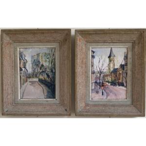 Paire de tableaux à l'huile sur panneau Vues de Paris J. Vacheret Paire de peintures