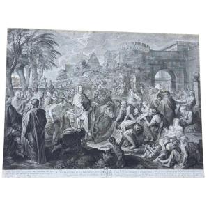 Grande gravure XVIIIe L’Entrée de Jésus à Jérusalem d’après C. Le Brun 77,5 x 58 cm