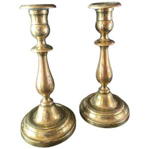   ​belle paire de bougeoirs flambeaux anciens laiton massif poli style classique balustre XIXe 
