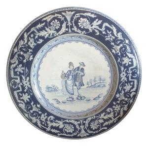 Large Wall Plate Made Of Nevers Earthenware By J.p. Georges, ø 56 Cm