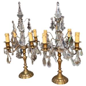 Paire de girandoles candélabres style Louis XV en bronze et cristal Hauteur 63 cm