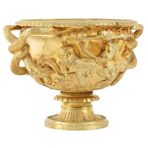 19th-century Gilded Bronze Miniature Borghese Crater Vase With Dionysian “grand Tour” Design