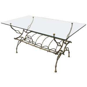 Maison Baguès Rare Coffee Table With Magazine Rack, Made Of Solid Gilded Bronze, "faux Bambou" Style