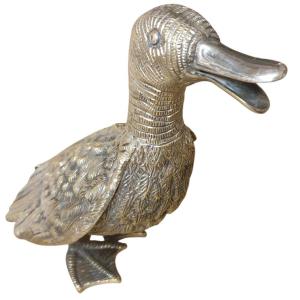 Large Silver-plated Bronze Sculpture Of A Duck By Mauro Manetti; Naturalistic Animal Sculptures
