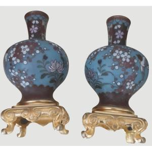  Pair Of Napoleon III-style Cloisonné Enamel And Gilded Bronze Candlesticks 