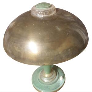 1930s Art Deco Table Lamp, Green Base With Bronze-patina Brass Dome