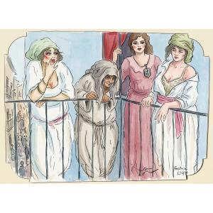 Gustave Lino, "4 Women Of Pleasure On The Balcony," 1893–1961, Original Watercolor, "women In Algiers," Watercolor