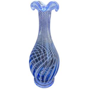 Rare, Large Blown Crystal Vase With Blue-and-white Filigree Decoration, Made Using The Zanfirico Technique, Signed