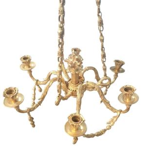  Lustre a 5 lumières en bronze doré d'une grande finesse époque Napoléon III 