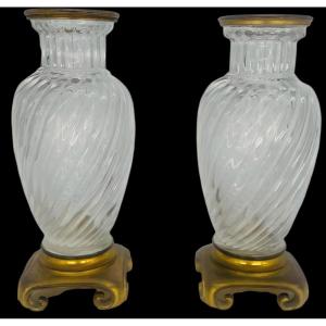 Paire de vases en cristal torsadé maison de cristal Baccarat et bronze doré Fin XIX