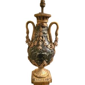 19th-century Napoleon III-style Bowl-shaped Lamp Base Green Marble And Gilded Bronze, H 47 Cm, 15 Kg