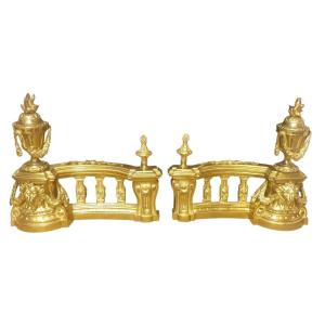 Pair Of Gilded Bronze Fireplace Andirons, Louis XVI Style, Late 19th Century. A Stunning Pair Of Andirons