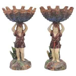 Pair Of 19th-century Thomas-victor Sergent Barbotine Bowls, Palissy Style H, 28 Cm