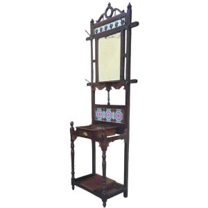 Meuble d'entrée ancien en bois massif Miroir tiroir & carreaux en faïence Art Nouveau
