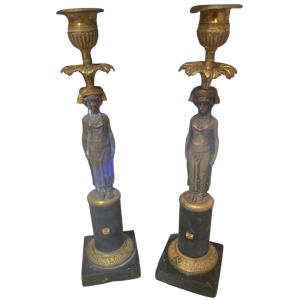 Pair Of Empire-style Candlesticks In Bronze And Black Marble, 19th Century