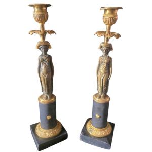 Pair Of Empire-style Candlesticks In Bronze And Black Marble, 19th Century