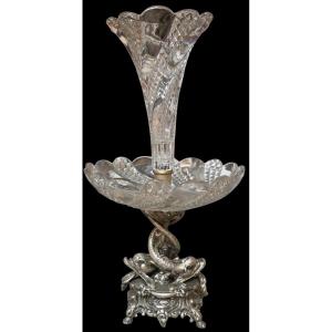 A Silver-plated Bronze Baccarat Crystal Table Centerpiece Featuring Dolphins, 19th Century. In Superb Condition