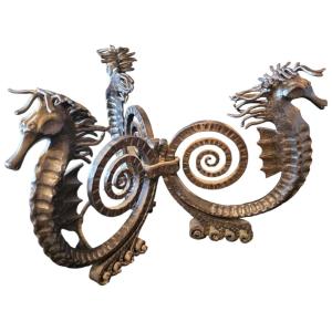 Edgar Brandt Art Deco Hammered Wrought Iron Centerpiece With Seahorses