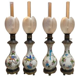 Théodore DECK Exceptionnelle paire de lampes à pétrole japonisantes XIXᵉ Attribuée