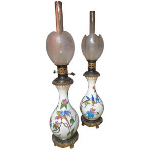 Théodore DECK Exceptionnelle paire de lampes à pétrole japonisantes XIXᵉ Attribuée