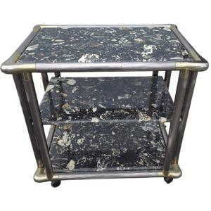 Maison Jansen ou Roméo Desserte Chariot vintage 1970 Laiton chromé strié 3 Marbres massif