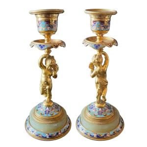 Bougeoir ancien XIXe bronze doré et émail champlevé Maison Alphonse Giroux 18 cm Superbe
