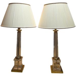 Paire de grandes lampes en cristal gravé & bronze Style Maison Jansen Romeo Rega Le Dauphin