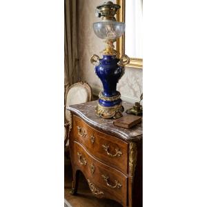   Louis XV–napoleon III-style Oil Lamp, 19th Century, Circa 1870, Gilded Bronze, Cobalt Blue Porcelain 