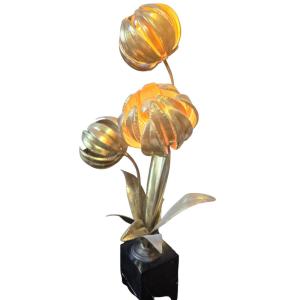 Lampe florale sculpturale en laiton doré à 3 feux de la Maison Jansen 1970 Hollywood Reg