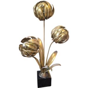 Lampe florale sculpturale en laiton doré à 3 feux de la Maison Jansen 1970 Hollywood Reg