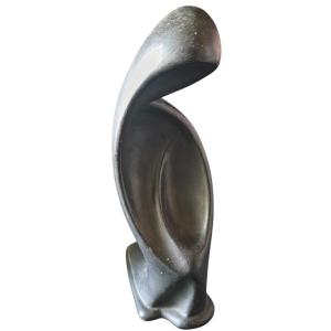 Modernist Art Deco Virgin Statue In Black Ceramic, In The Style Of Paul Jouve