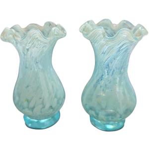   Pair Of Small, Antique Miniature Single-flower Vases Made Of Blue And White Opalescent Glass 