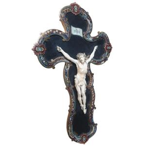 An Exceptional Napoleon III-era Crucifix Made Of Gilded Bronze, Cloisonné Enamel, And Precious Materials