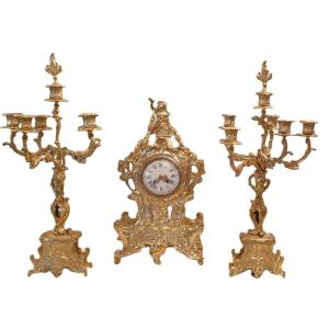 Important Louis XV Rocaille Fireplace Garnish In Bronze End XIX Candelabra Pendulum