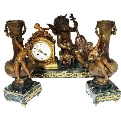 Garniture De Cheminee Moreau Patine Bronze Medaile Le Joueur De Violoncelle 