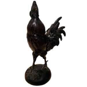 Rooster In Bronze Signed Paul Comolera Black Patina