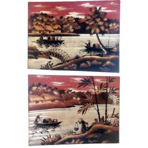 Pair Of Signed Asian Chinese Lacquer Panels
