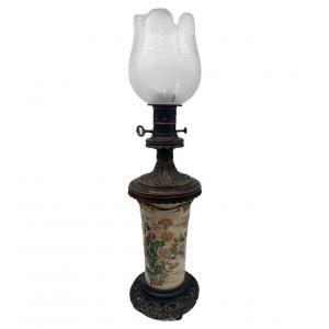 Lampe A Huile Porcelaine Chine & Bronze XIXeme Decor  EmaillÉ Fleurs De Chrysantheme