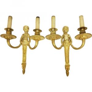 Pair Of Louis XVI Sconces In Chiseled And Gilded Bronze With Putto XIXth Napoleon III